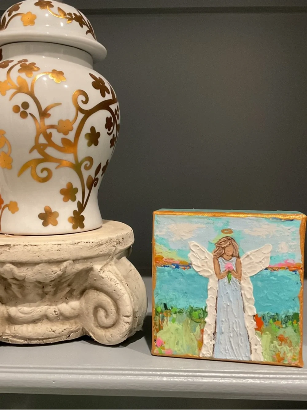 🔴Handcrafted Angel Painting in Blue, White & Gold Accent🔴 - Picture 4 of 6